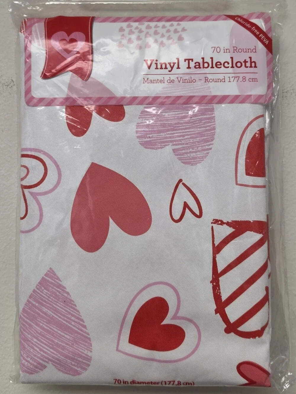 Valentines Day Heart Toss Vinyl Tablecloth Red Pink Hearts 70 inch Round